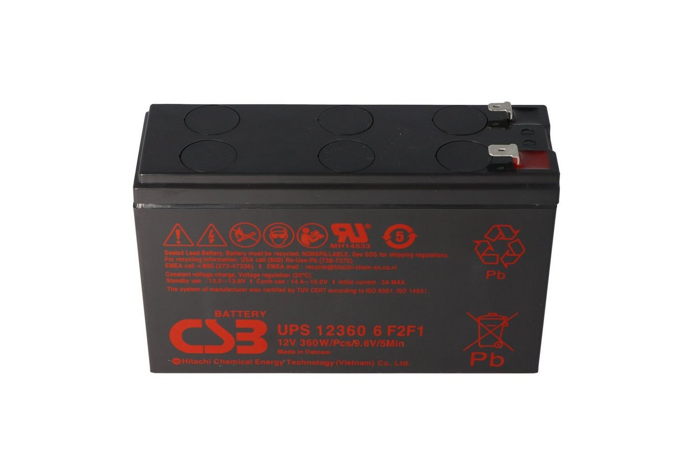 CSB CSB-UPS123606 12 Volt 7 Ah AGM Bleiakku 360Wh, 151x51x98,3mm Faston 4 Akku 7000 mAh (12,0 V) von CSB