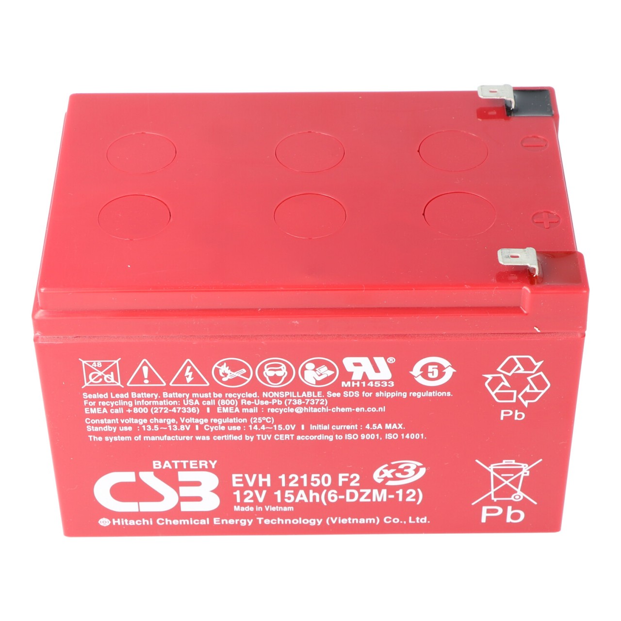 CSB-EVH12150X3 12 Volt AGM Bleiakku 15Ah, 151x98x101,8mm Faston 6,3mm Zyklenfest + Standby von CSB