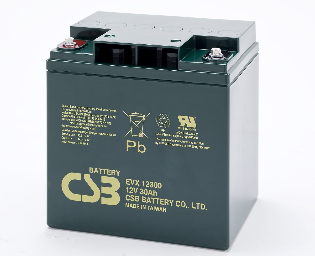 CSB-EVX12300 12 Volt AGM Bleiakku 30Ah, 166x125x175mm M5 Innengewinde Zyklenfest + Standby CSB-EVX12300 12 Volt AGM Bleiakku 30Ah, 166x125x175mm M5 Innengewinde Zyklenfest + Standby von CSB