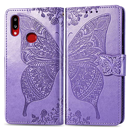 Handy-Klapphülle kompatibel mit Samsung Galaxy A10S, stoßfeste Stoßstange, Klappetui, Handschlaufe, Holster, Blumen- und Schmetterlingsmuster, Handy-Schutz (Hellviolett) von CSHNB