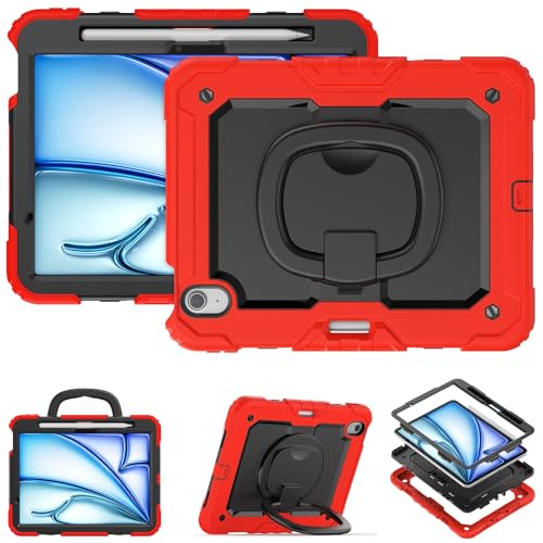 Schutzhülle für Tablet PC, Silikon, kompatibel mit iPad Air 11 Zoll (M3) 2025, mit Stifthalter und Displayschutz, robuste Rundumschutzhülle mit drehbarem Griff, Schutz (Rot) von CSHNB