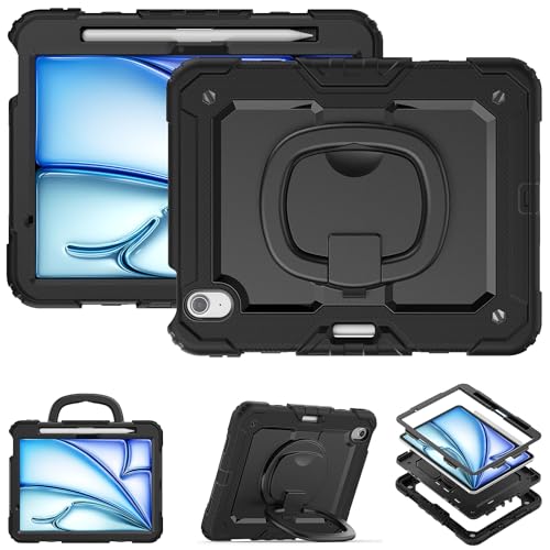 Schutzhülle für Tablet PC, Silikon, kompatibel mit iPad Air 11 Zoll (M3) 2025, mit Stifthalter und Displayschutz, robuste Rundumschutzhülle mit drehbarem Griff, Schutz (Schwarz von CSHNB