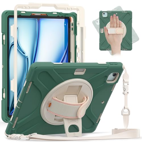 Tablet-PC-Hülle, kompatibel mit iPad Air 13 Zoll M2 (2024)/Pro 12.9 2022/2021/2018, robust, stoßfest, Fallschutz mit Stifthalter, Schultergurt, Schutzhülle (grün) von CSHNB