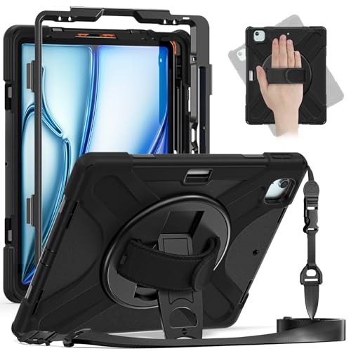 Tablet-PC-Hülle, kompatibel mit iPad Air 13 Zoll M2 (2024)/Pro 12.9 2022/2021/2018, robuste, stoßfeste Fallschutzhülle mit Stifthalter, Schultergurt, Schutzhülle (schwarz) von CSHNB