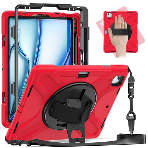 Tablet-PC-Hülle, kompatibel mit iPad Air 13 Zoll M2 (2024) / Pro 12,9 Zoll 2022/2021/2018, robust, stoßfest, Fallschutz mit Stifthalter, Schultergurt, Schutzhülle (rot) von CSHNB
