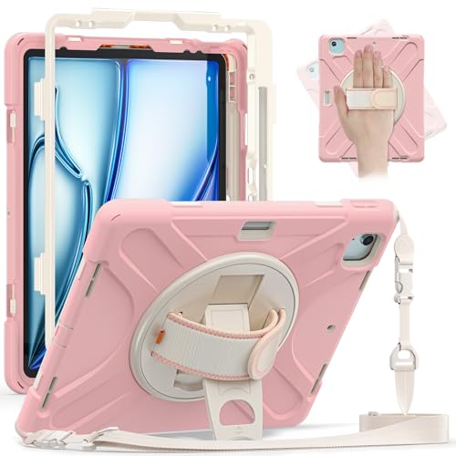 Tablet-PC-Hülle, kompatibel mit iPad Air 13 Zoll M2 (2024) / Pro 12.9 2022/2021/2018, robust, stoßfest, Fallschutz mit Stifthalter, Schultergurt, Schutzhülle (Pink 1) von CSHNB