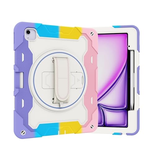 Tablet PC Hülle Kinderhülle kompatibel mit iPad Air 13 Zoll M3 2025/Air 13 Zoll M2 2024, elastische Halterung mit mehreren Winkeln + 360° verstellbare, drehbare Handschlaufe, bruchsichere Schale, stur von CSHNB