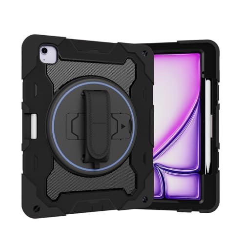 Tablet PC Hülle Kinderhülle kompatibel mit iPad Air 13 Zoll M3 2025/Air 13 Zoll M2 2024, elastische Halterung mit mehreren Winkeln + 360° verstellbare, drehbare Handschlaufe, bruchsichere Schale, stur von CSHNB