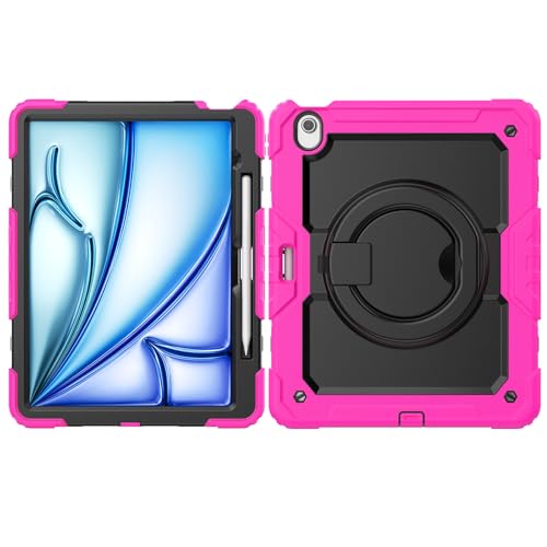 Tablet PC-Hülle Kompatibel mit iPad Air 13 Zoll (M3) 2025 Hülle mit Stifthalter+Displayschutz, robuster Ganzkörperschutz robuste Hülle Silikonhülle mit Drehgriff Abdeckung(Rose Red) von CSHNB