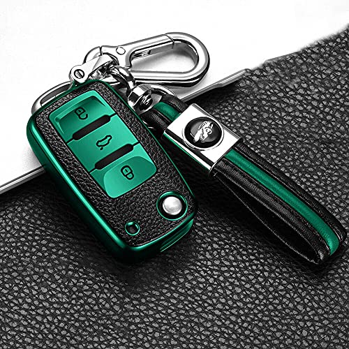 CSHU TPU Leder Knöpfe Autoschlüsseletui Schlüsselanhänger Ring Schlüsseltasche, passend für VW Volkswagen Golf 6 Polo Passat Seat Ibiza Leon Skoda Octavia Fabia,grün mit Schlüsselanhänger von CSHU
