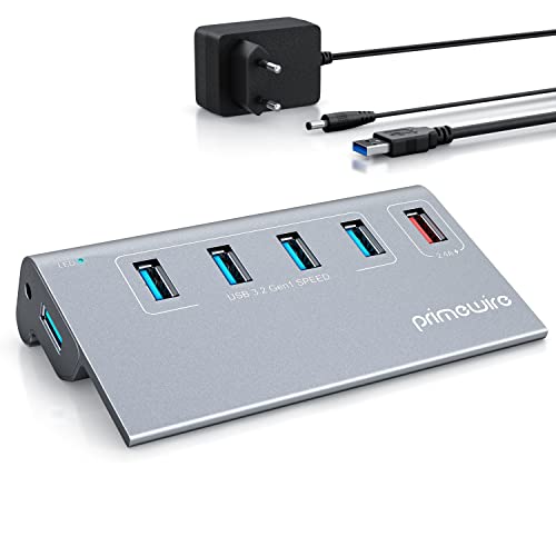 CSL - 5 Port USB 3.2 Hub Aktiv mit Netzteil und USB Kabel - USB 3.0 USB 3.2 Gen.1 Datenhub für MacBook Air Pro iMac Surface Pro Laptop – für Windows 11 und MacOS - Alugehäuse Space Grey von CSL-Computer