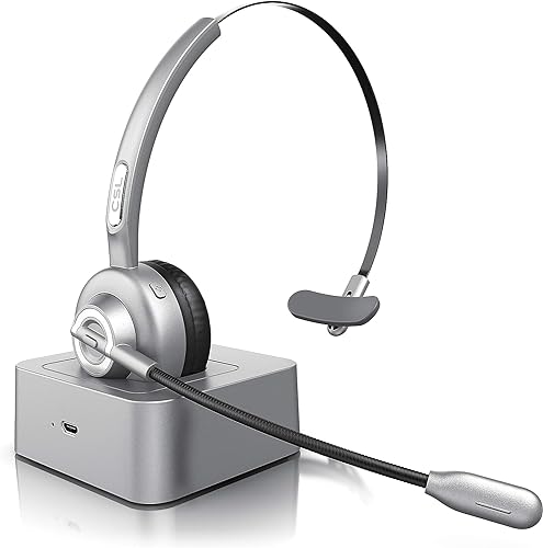 CSL - Bluetooth Headset mit Mikrofon, Mind. 18 Std Sprechzeit & 10m Reichweite, Mono PC Headset mit Ladestation & Rauschunterdrückung, Wireless Business Headphones für Büro/Home Office von CSL-Computer