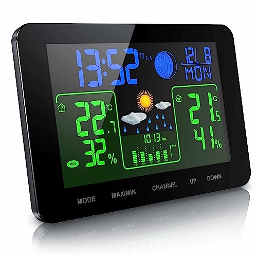 CSL-Computer - Funk Wetterstation mit Farbdisplay und Außensensor - Innen und Außentemperatur - Barometer mit Luftdruckhöhenausgleich - Frostalarm - 2 Weckalarme - LCD Display - inkl. Netzteil von CSL-Computer