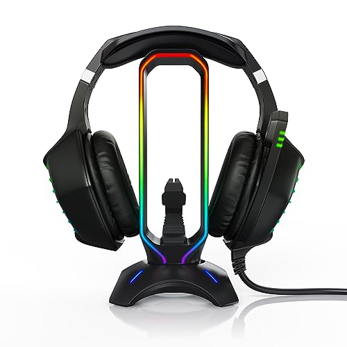 CSL - Kopfhörer Ständer mit 2 x USB 3.2 Gen1 Hub, Mausbungee, Kopfhörerständer 3in1, 6 RGB Farben Farbwechselmodus Plus weiß, Kopfhörer Halter für Over Ear Kopfhörer, Gaming Headset Headphone Stand von CSL-Computer