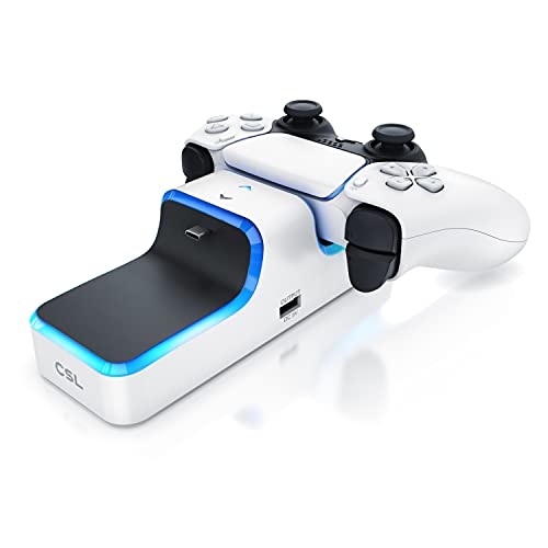 CSL - Ladestation für PS5 Controller – Schnell Ladestation – Twin Charge – Ladegerät - mit USB Ladekabel – Zubehör für Sony Playstation 5 - Playstation 5 Wireless Controller - mit LED Anzeige von CSL-Computer