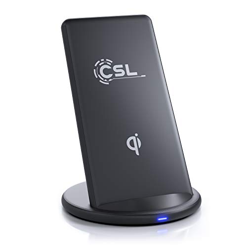 CSL Qi Stand - Wireless Charge Stand, 10W Schnellladefunktion, vertikales und horizontales Laden, 5mm Ladedistanz, Überladungs- und Überspannungsschutz, kompatibel mit Apple, Samsung, LG, Huawei von CSL-Computer