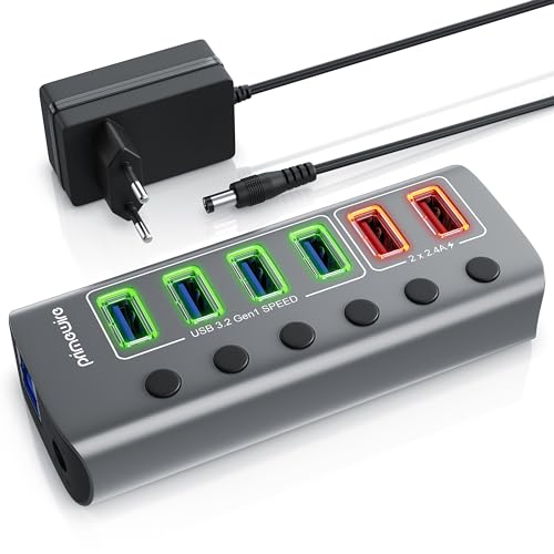 CSL - USB 3.2 Gen.1 6 Port Hub aktiv schaltbar – mit Netzteil - 4 x USB 3.2 Gen1, 2X USB Smart Charge Ports – Alugehäuse grau – für PC Notebook Laptop Tablet PC - bis zu 5 Gbit/s von CSL-Computer