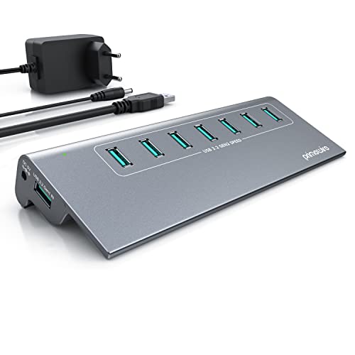 CSL - USB 3.2 Gen2 Hub - 7 Port Verteiler aktiv - 10 Gbit/s – Aktiver Betrieb – mit Netzteil – Metallgehäuse anthrazit - für PC Notebook Laptop Tablet - für Windows und MacOS von CSL-Computer