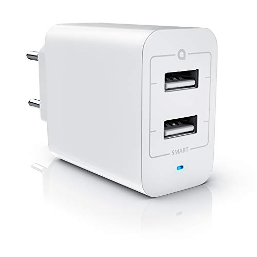 CSL - USB Netzteil Ladegerät Ladeadapter - 2 Port Adapter mit Power LED - 24 Watt 4800mA insgesamt max. 2400mA je Port - 2 Port USB USB Charger - Geeignet für Handy Smartphone Tablet - weiß von CSL-Computer