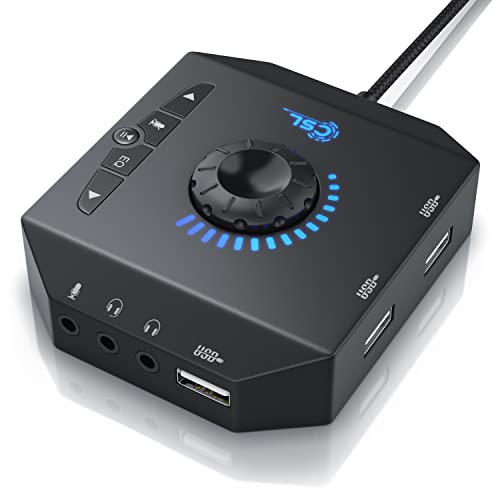 CSL - USB Soundkarte extern - Soundkarte mit Lautstärkeregelung USB Hub - Anschluss für Headset Kopfhörer Mikrofon - Equalizer - Steuerung eines Audioplayers - schwarz von CSL-Computer