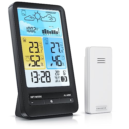 CSL - Wetterstation Funk mit Farbdisplay und Außensensor - DCF Signal - DST - Innen und Außentemperatur - Temperaturwarnung Alarm Frostalarm - (relativer) Luftdruck - Barometer - Temperaturtrend von CSL-Computer