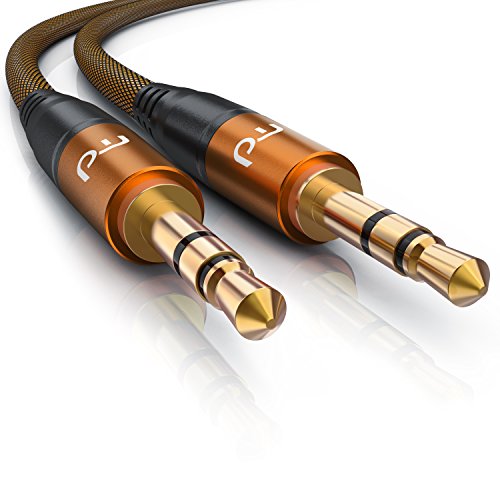 Primewire - 2m AUX Kabel Klinkenkabel 3,5mm - Audiokabel mit Nylonmantel und Alustecker - geeignet für Handy, Smartphone, Tablet, Autoradio, MP3-Player usw. - Rundknickschutz - orange schwarz von CSL-Computer