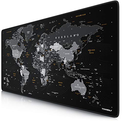 TITANWOLF - DEUTSCHES Layout - Titanwolf XXL Gaming Mauspad 900x400x3 mm - Schreibtischunterlage Gross - XXL Mousepad Gaming und Office - Weltkarte schwarz von CSL-Computer