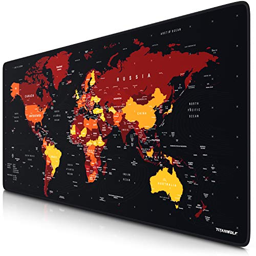 TITANWOLF – XXL Gaming Mauspad 900x400 mm - Tischunterlage Mousepad groß - Präzision und Geschwindigkeit - Gummiunterseite - rutschfest strapazierfähig wasserabweisend – Weltkarte schwarz rot von CSL-Computer
