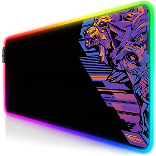 Titanwolf - RGB Gaming Mauspad - LED Schreibtischunterlage - 800x300 mm - XXL Mousepad - LED Multi Color - 11 Beleuchtungs-Modi - 7 LED Farben Plus 4 Effektmodi - abwaschbar - Wolfshead von CSL-Computer