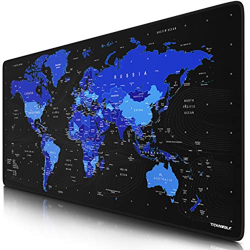 Titanwolf – XXL Gaming Mauspad 900x400 mm - Tischunterlage Mousepad groß - Präzision und Geschwindigkeit - Gummiunterseite - rutschfest strapazierfähig wasserabweisend – Weltkarte schwarz blau von CSL-Computer