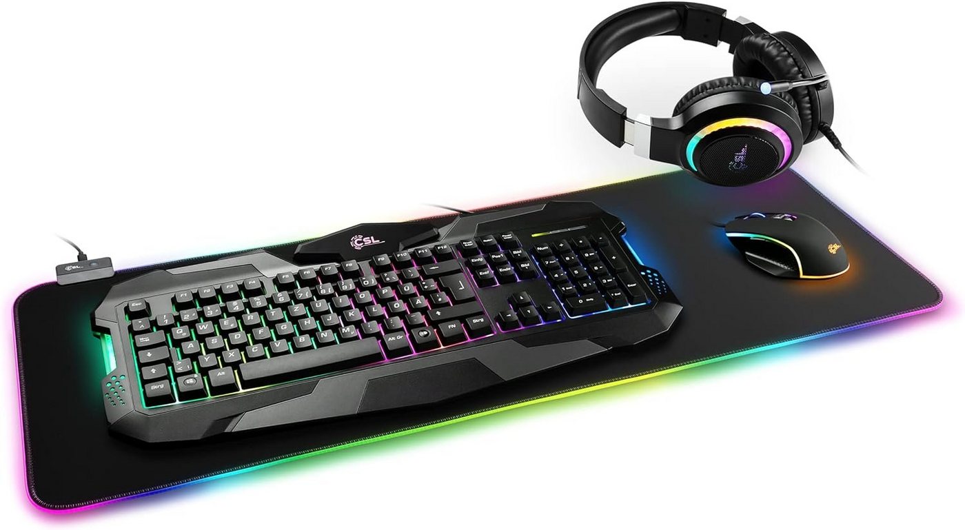 CSL RGB Strike Hintergrundbeleuchtung Tastatur- und Maus-Set, 4in1 Gaming Set, QWERTZ-Tastenlayout 19 Tasten Anti-Ghosting von CSL