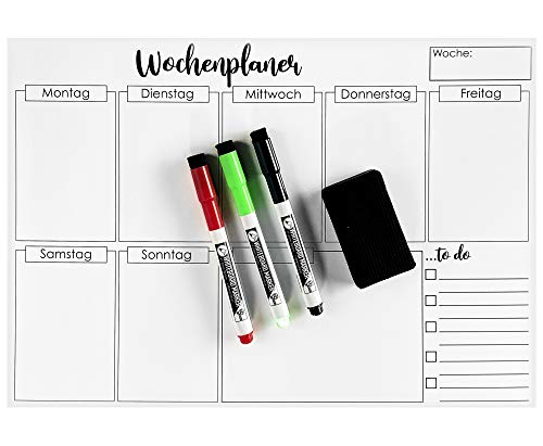 Clever Gadgets magnetischer Wochenplaner + 3 Whiteboard-Marker& Schwamm/ 38cm x 26cm / abwischbar/Kühlschrank-Planer/Fitness-Planer/Magnet-Planer von CTEF