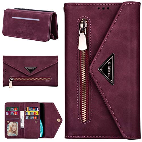 CTIUYA Hülle für Samsung Galaxy A7 2018 / A750, Brieftasche Handyhülle Leder Wallet Case Tasche Geldbörse Cover Klapphülle mit Kartenfach Handschlaufe Handytasche für Galaxy A7 2018 / A750,Weinrot von CTIUYA