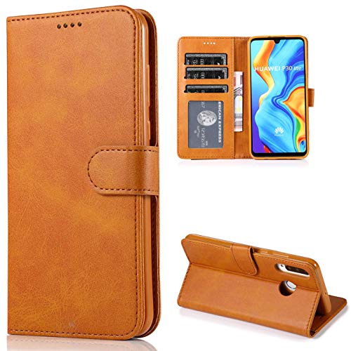 CTIUYA Schutzhülle für Huawei P30 Lite, Hülle Handyhülle Leder Klapphülle Handytasche Flip Brieftasche Schutzhülle Magnet Wallet Case Tasche Lederhülle für Huawei P30 Lite,Hellbraun von CTIUYA