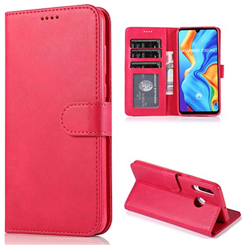 CTIUYA Schutzhülle für Huawei P30 Lite, Hülle Handyhülle Leder Klapphülle Handytasche Flip Brieftasche Schutzhülle Magnet Wallet Case Tasche Lederhülle für Huawei P30 Lite,Rose Rot von CTIUYA