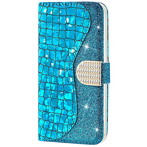 CTIUYA Schutzhülle für Samsung Galaxy A20E, Hülle Glitzer Handyhülle PU Leder Bling Handytasche Klapphülle Case Glänzend Diamant Magnet Flip Cover Ledertasche für Samsung Galaxy A20E,Blau von CTIUYA