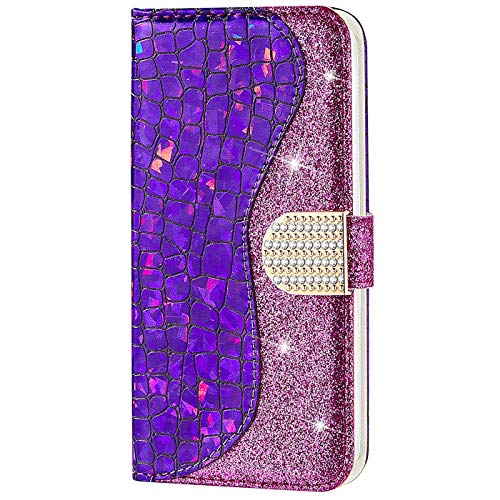 CTIUYA Schutzhülle für Samsung Galaxy A20E, Hülle Glitzer Handyhülle PU Leder Bling Handytasche Klapphülle Case Glänzend Diamant Magnet Flip Cover Ledertasche für Samsung Galaxy A20E,Lila von CTIUYA