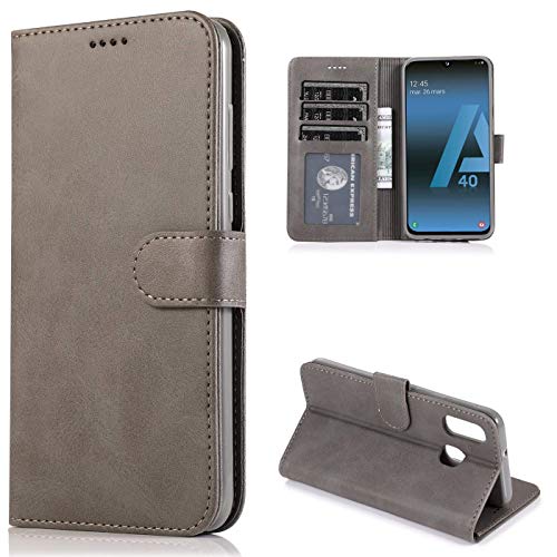 CTIUYA Schutzhülle für Samsung Galaxy A40, Hülle Handyhülle Leder Klapphülle Handytasche Flip Brieftasche Schutzhülle Magnet Wallet Case Tasche Lederhülle für Samsung Galaxy A40,Grau von CTIUYA