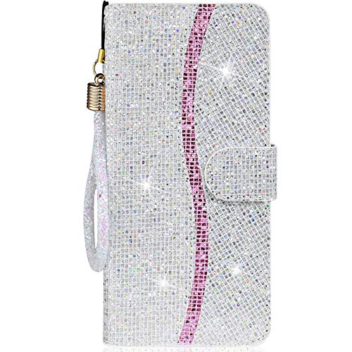 CTIUYA Schutzhülle für Samsung Galaxy A50 / A50S / A30S, Hülle Handyhülle Glitzer Case Tasche Leder Klapphülle Glänzend Glitter mit Kartenfach Flip Cover Handytasche für Galaxy A50/A50S/A30S,Silber von CTIUYA