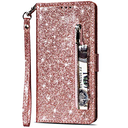 CTIUYA Schutzhülle für Samsung Galaxy A51, Handyhülle Ledertasche Glitzer Leder Hülle Case Brieftasche Magnet Schutzhülle Klapphülle Geldbörse Kartenfach Flip Handytasche für Galaxy A51,Rose Gold von CTIUYA