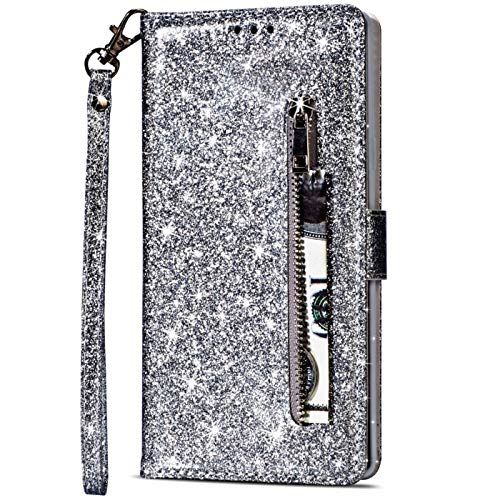 CTIUYA Schutzhülle für Samsung Galaxy A71, Handyhülle Ledertasche Glitzer Leder Hülle Case Brieftasche Magnet Schutzhülle Klapphülle Geldbörse mit Kartenfach Flip Handytasche für Galaxy A71,Silber von CTIUYA