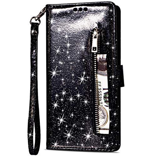 CTIUYA Schutzhülle für Samsung Galaxy A71, Handyhülle Ledertasche Glitzer Leder Hülle Case Brieftasche Magnet Schutzhülle Klapphülle Geldbörse mit Kartenfach Flip Handytasche für Galaxy A71,Schwarz von CTIUYA