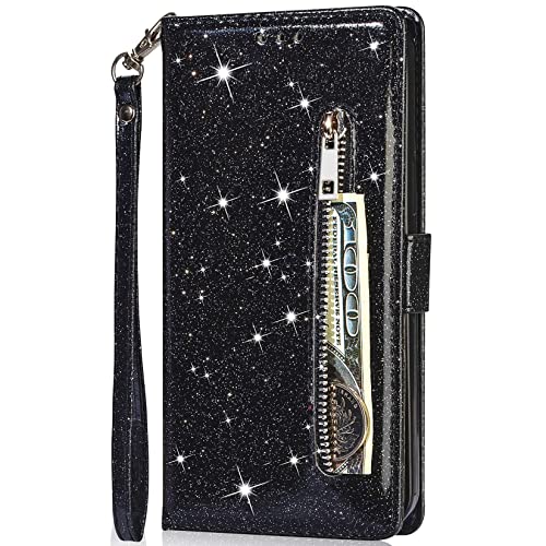 CTIUYA Schutzhülle für Samsung Galaxy S22, Handyhülle Ledertasche Glitzer Leder Hülle Case Magnet Schutzhülle Klapphülle Geldbörse Etui mit Kartenfach Flip Handytasche für Samsung Galaxy S22,Schwarz von CTIUYA