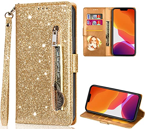 CTIUYA Schutzhülle für iPhone 13, Handyhülle Ledertasche Glitzer Leder Hülle Case Magnet Schutzhülle Klapphülle Geldbörse Etui mit Kartenfach Flip Handytasche für iPhone 13,Gold von CTIUYA