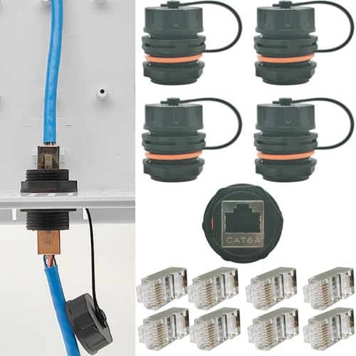 CTRICALVER Wasserdichter RJ45 Koppler, 4 Stück CAT6A/6/5E/5 Ethernet Kabelstecker + 8 Stück Kristallköpfe mit abgeschirmtem, Outdoor Netzwerkkabel Verbinder, mit wasserdichter/Staubschutzkappe von CTRICALVER
