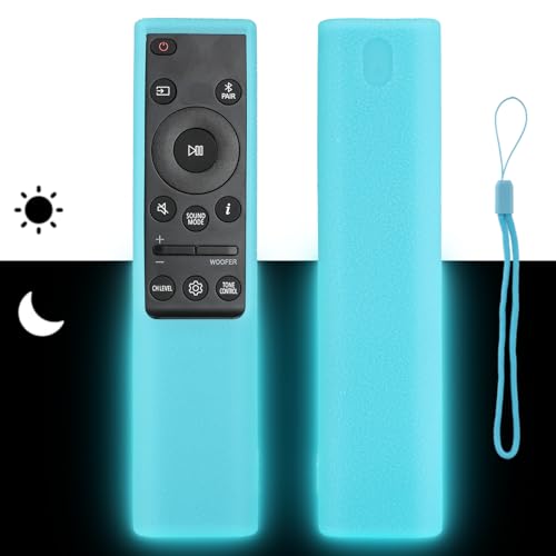 Silikon-Fernbedienungshülle kompatibel mit Samsung AH81-15047A AH81-15498A Soundbar-Fernbedienung, stoßfeste Schutzhülle mit Umhängeband (fluoreszierendes Blau) von CTRLBETTER
