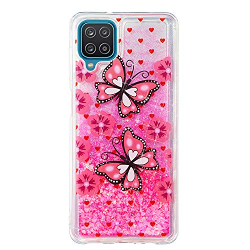 Kompatibel mit Samsung Galaxy A12 Hülle Silikon Glitzer Flüssig Wasser Liquid 3D Transparent Bumper Hüllen Durchsichtig Handyhülle Case Cover für Mädchen Damen Rosa Schmetterling von CUAgain-EU