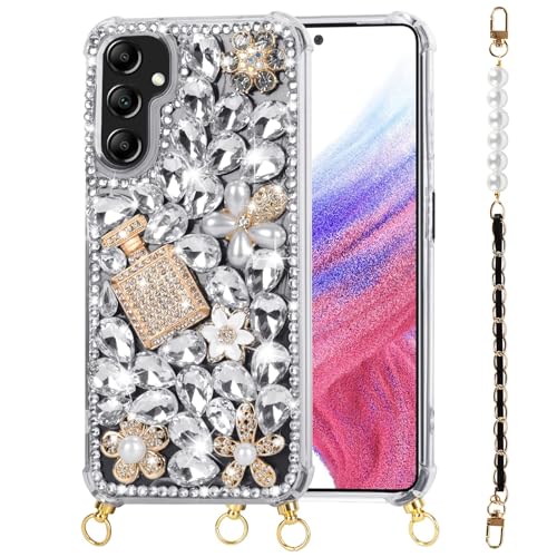 CUBTEM für Samsung Galaxy A14 5G Hülle,Handyhülle mit Perlenkette,3D Handgefertigt Funkelnd Atemberaubende Steine Kristall Diamant Bling Glitter für Samsung A14 Case von CUBTEM