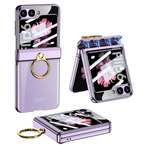 CUBTEM Hülle für Samsung Galaxy Z Flip 6 mit Ringhalterung, magnetischer Scharnierabdeckung, transparenter Beschichtung aus PC, eingebautem Frontschutz und rundum Schutz, Lila von CUBTEM