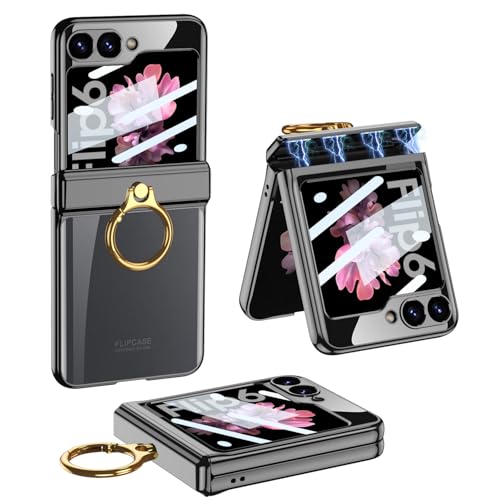 CUBTEM Hülle für Samsung Galaxy Z Flip 6 mit Ringhalterung, magnetischer Scharnierabdeckung, transparenter Beschichtung aus PC, eingebautem Frontschutz und rundum Schutz, Schwarz von CUBTEM